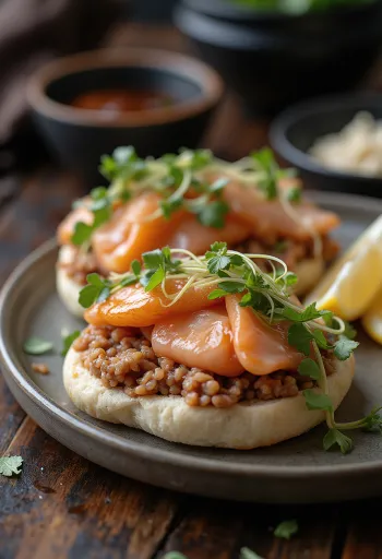Panini Bao con salmone al forno, cotti al vapore, presentazione semplice