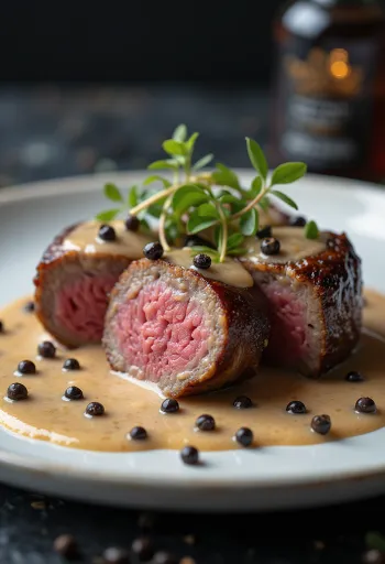 Filetto di emù alla salsa al pepe servito con verdure.