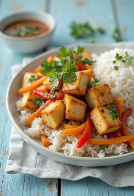 Tofu speziato con riso e verdure servito
