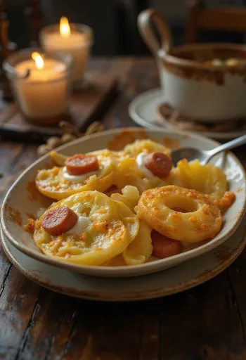 Sformato di patate a strati con salsiccia e uova, coperto di panna acida.