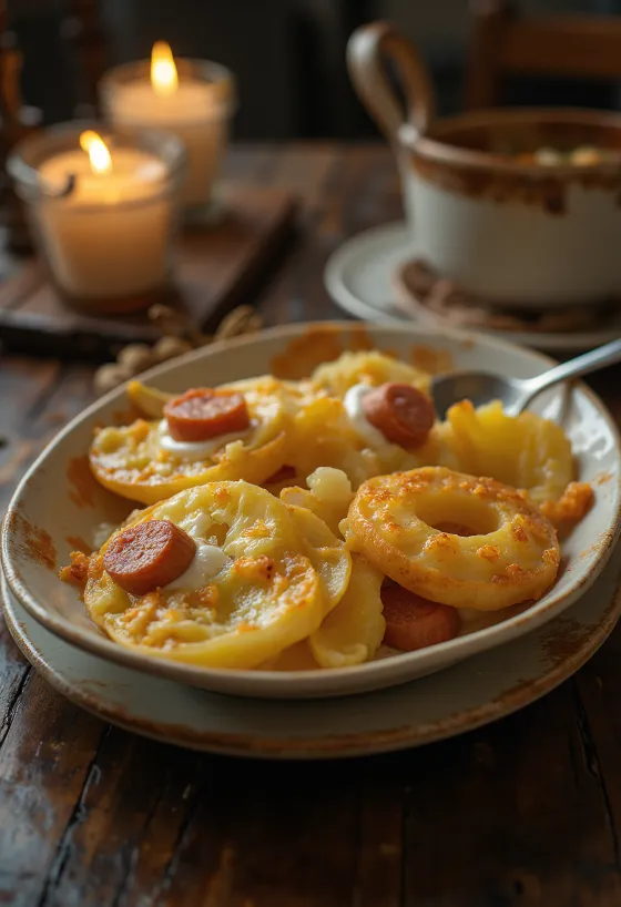 Sformato di patate a strati con salsiccia e uova, coperto di panna acida.