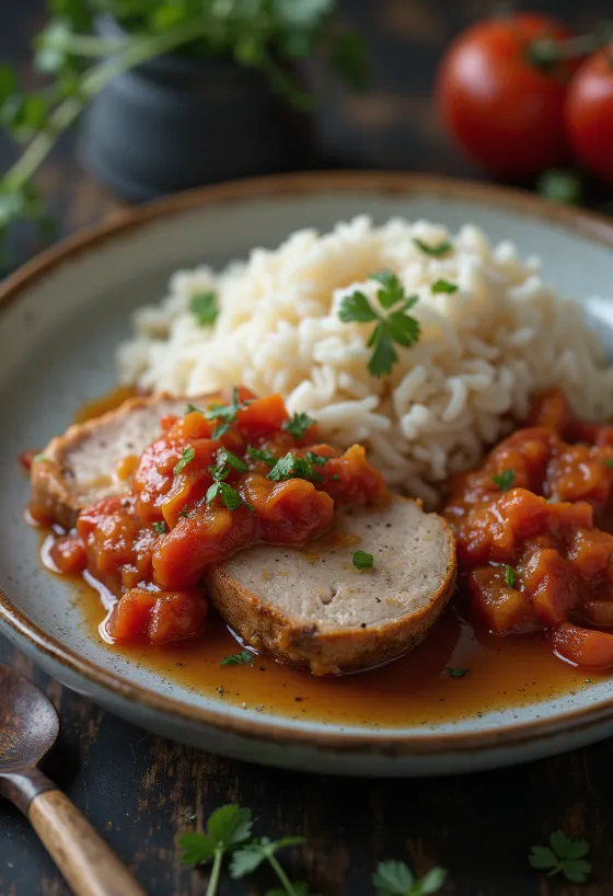 Coppa di maiale con Lecsó e riso al vapore servita