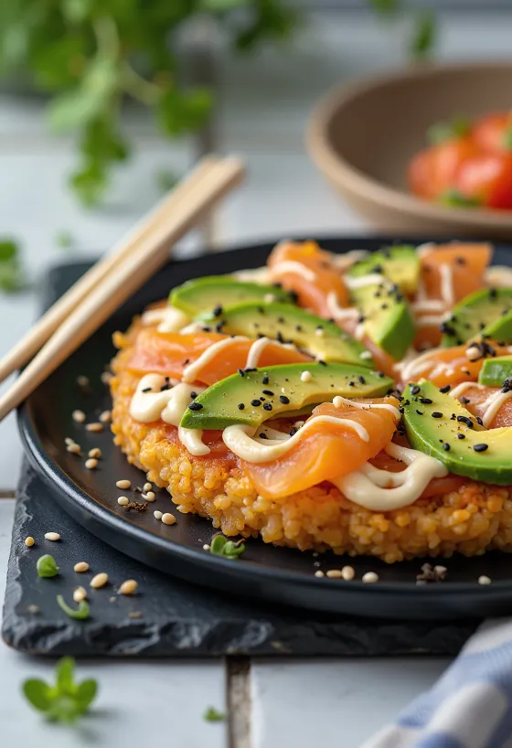 Sushi pizza con base di riso fritto e salmone