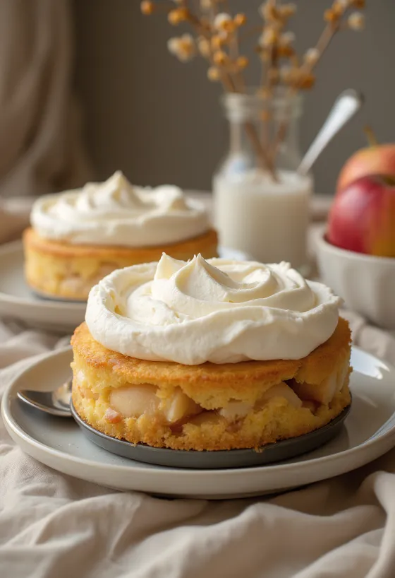 Torta di mele con panna servita con panna montata e fette di mela