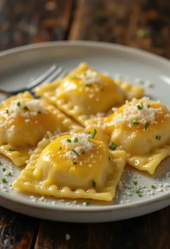 Ravioli pollo e formaggio serviti con salsa al burro