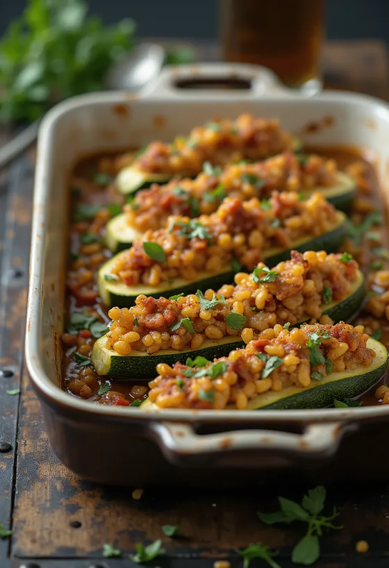 Zucchine ripiene vegane speziate servite