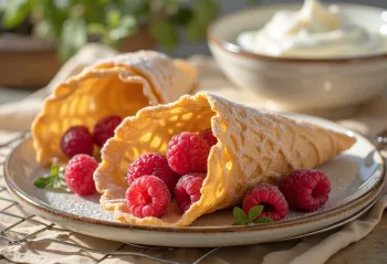 Krumkake con lamponi, cosparsi di zucchero a velo fresco