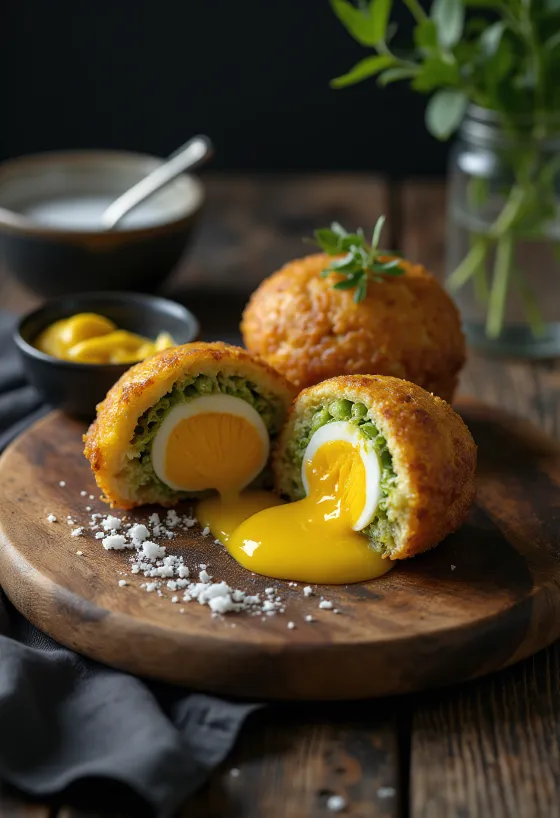 Scotch egg con ripieno di verdure in panatura dorata