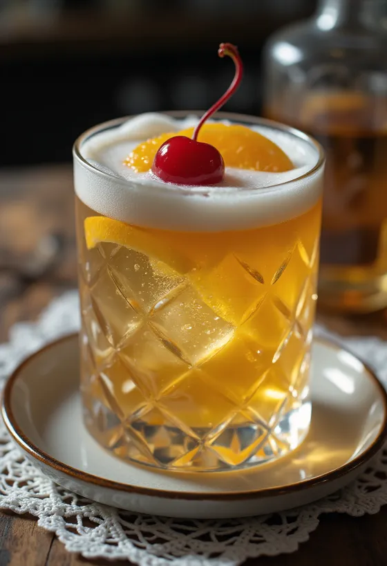 Cocktail Whisky Sour decorato con fetta d'arancia e ciliegina