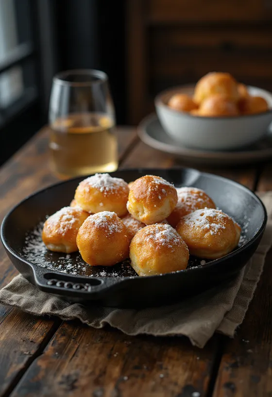 Æbleskiver frittelle sferiche danesi spolverate di zucchero a velo