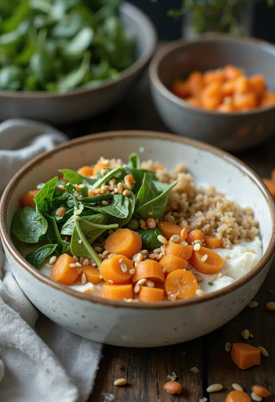 Buddha Bowl con crema di sedano rapa speziata servita