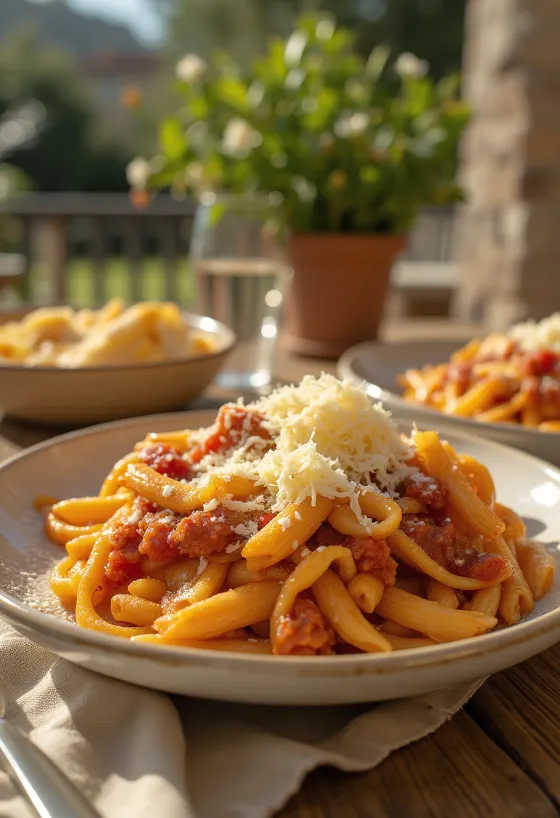 Pasta alle melanzane servita con succosa salsa di pomodoro e basilico fresco