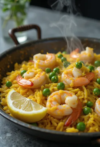 Paella spagnola con frutti di mare freschi, verdure e zafferano