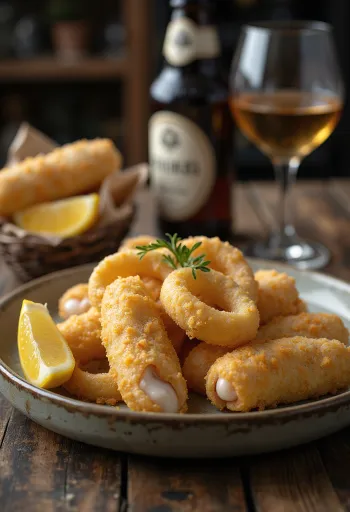 Calamari fritti ripieni di maiale, croccanti con limone