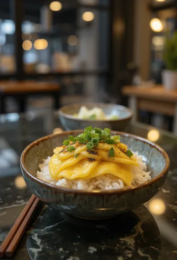 Tamagoyaki Don, strisce di frittata su riso, decorate con alga marina e prezzemolo.