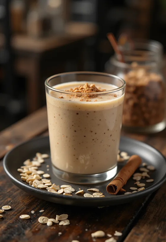 Smoothie all'avena in bicchiere alto, decorato con fiocchi d'avena e cannella