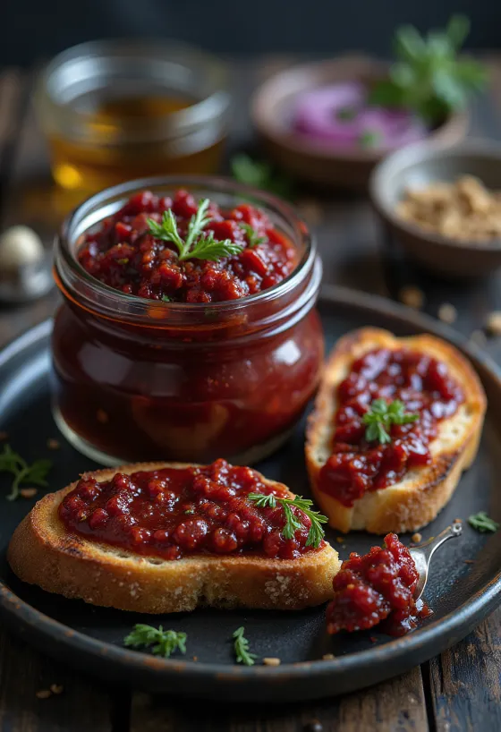 Zacuscă all'olio d'oliva servita, con ricche verdure e ingredienti colorati appetitosi