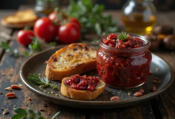 Zacuscă all'olio d'oliva servita, con ricche verdure e ingredienti colorati appetitosi