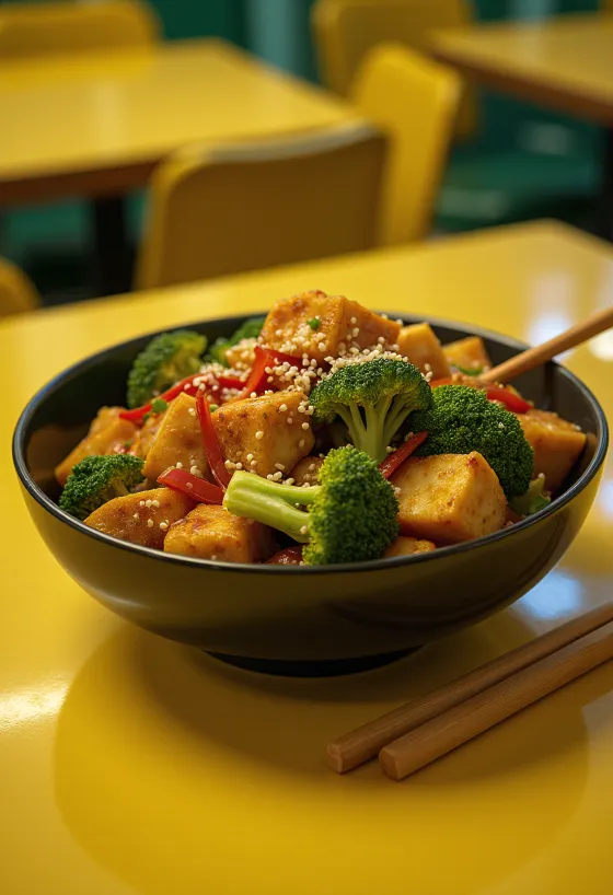 Wok di tofu e verdure con coriandolo fresco servito
