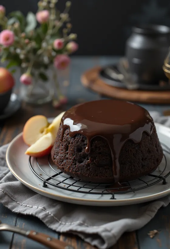 Torta cioccolato e mele in presentazione elegante