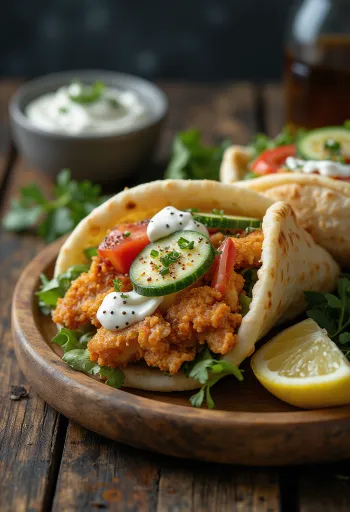 Gyros di pollo servito con verdure fresche, salsa tzatziki e pane pita.