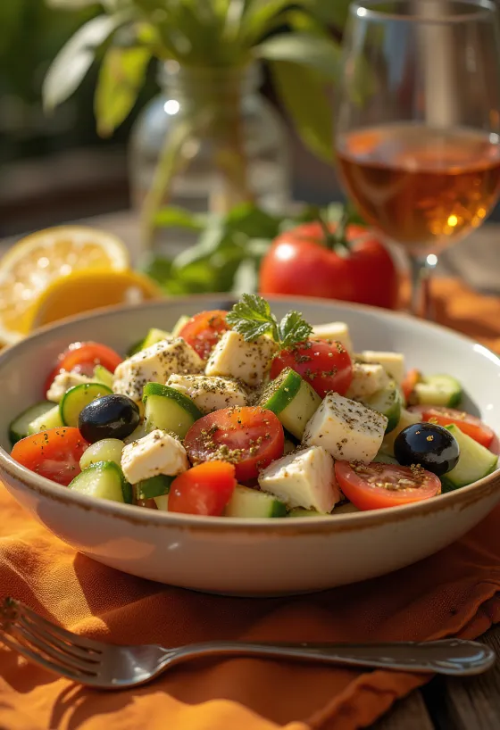 Insalata greca con cubetti di tofu tostato