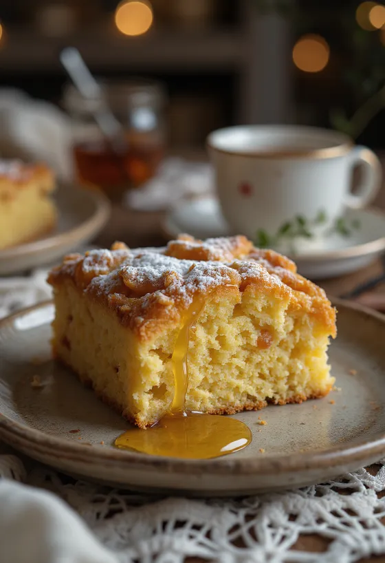 Torta allo zenzero dorata, consistenza soffice, spolverata di zucchero a velo.
