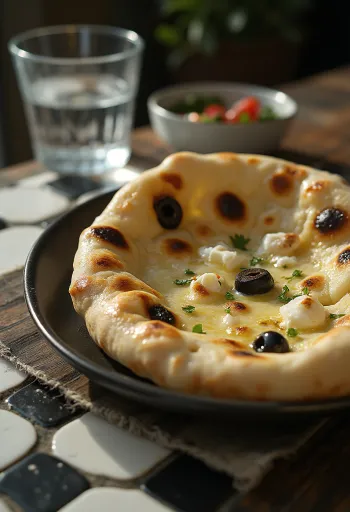 Pane naan formaggio di capra e olive servito