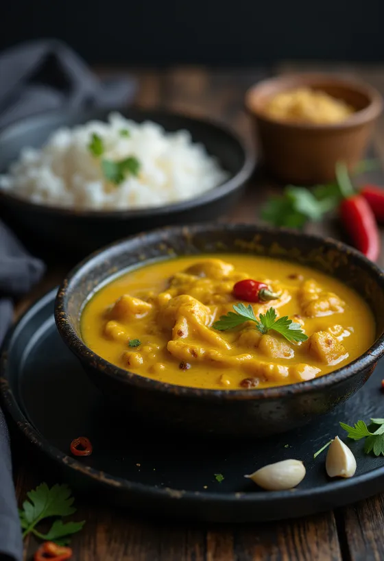 Salsa al curry, cocco e peperoncino servita