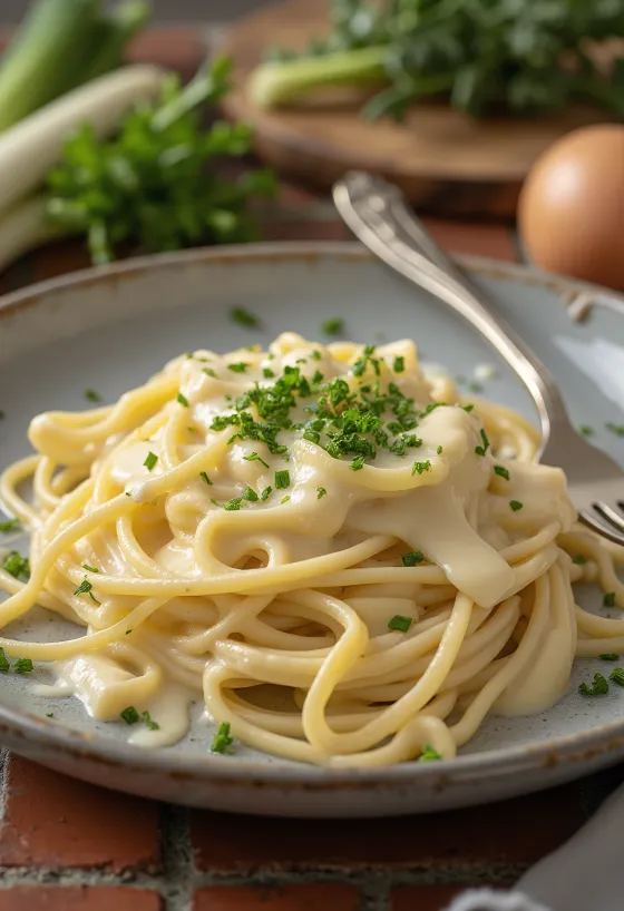 Pasta cremosa ai porri con yogurt naturale servita con prezzemolo fresco