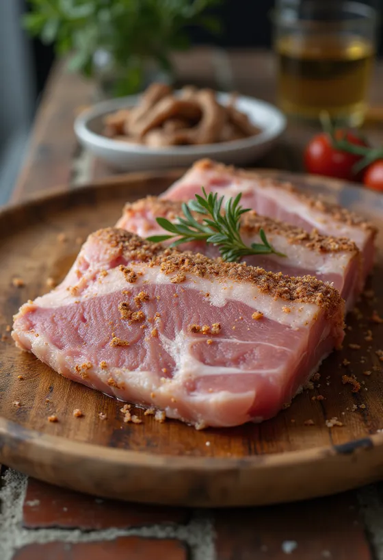 Pancetta stagionata al sale servita su tagliere