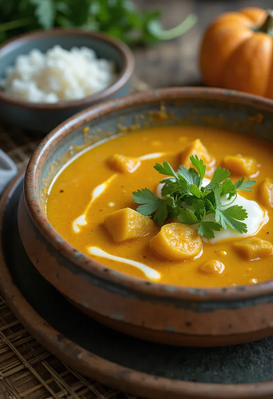 Curry di zucca servito con coriandolo