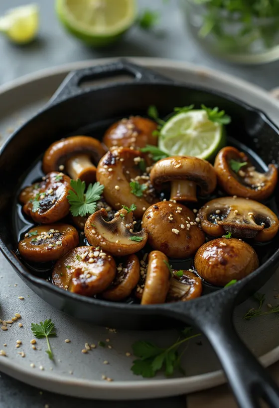 Funghi al tamari, piatto speziato preparato con salsa tamari e funghi freschi, decorato con coriandolo e foglia di lime
