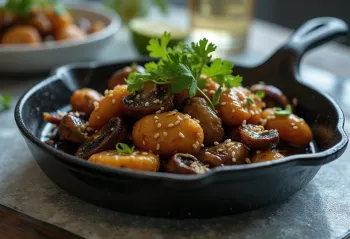 Funghi al tamari, piatto speziato preparato con salsa tamari e funghi freschi, decorato con coriandolo e foglia di lime