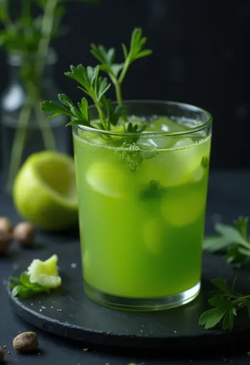 Succo di sedano in bicchiere alto, decorato con gambi di sedano fresco e frutta