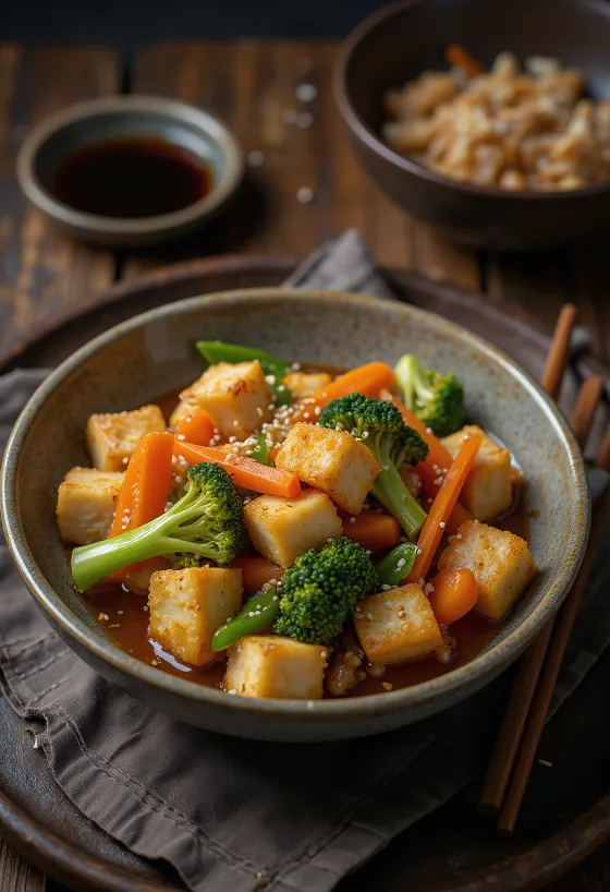 Wok di verdure con tofu servito