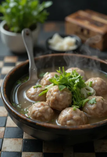 Bakso di manzo, in brodo ricco, servito con coriandolo fresco
