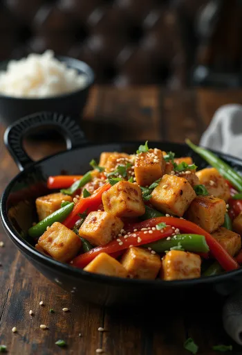 Frango Xadrez Vegano servito con tofu e verdure fresche