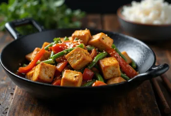 Frango Xadrez Vegano servito con tofu e verdure fresche
