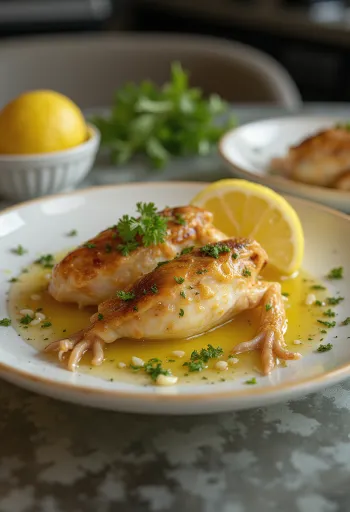Cosce di rana al burro e aglio servite con prezzemolo fresco e limone.