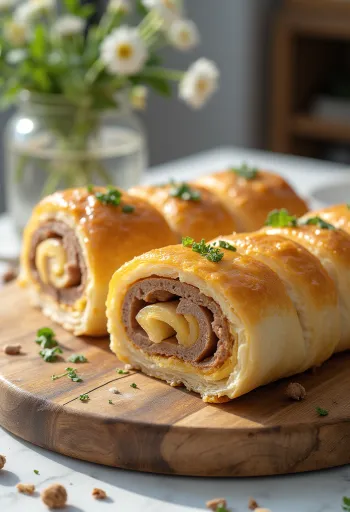 Rotolo di carne dorato al forno, servito con verdure fresche e salsa.
