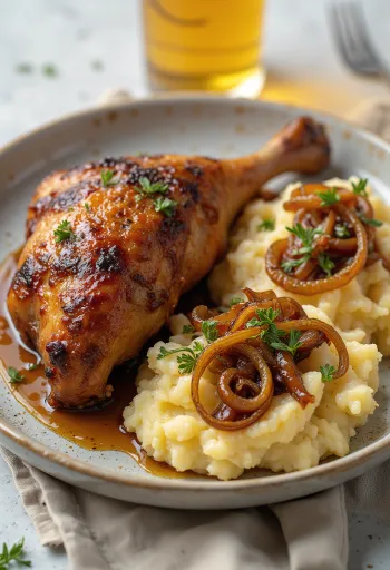 Anatra arrosto con purè di patate alla cipolla servita