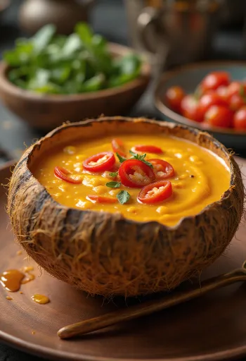 Salsa piccante al latte di cocco e peperoncino in una ciotola, con coriandolo fresco e fette di peperoncino.