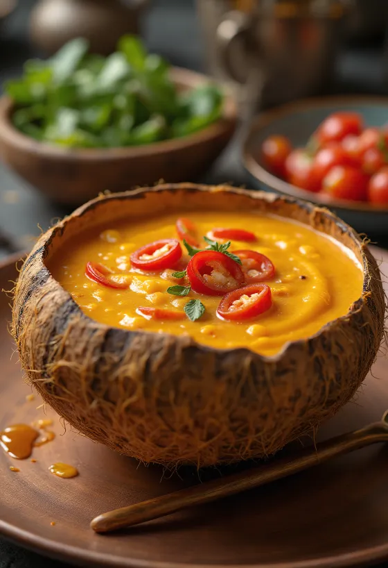 Salsa piccante al latte di cocco e peperoncino in una ciotola, con coriandolo fresco e fette di peperoncino.