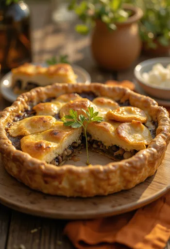 Pot Pie vegano ai funghi cremoso tagliato a fette