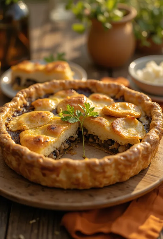 Pot Pie vegano ai funghi cremoso tagliato a fette