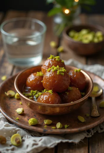 Gulab Jamun con pistacchi, servito in sciroppo all'acqua di rose.