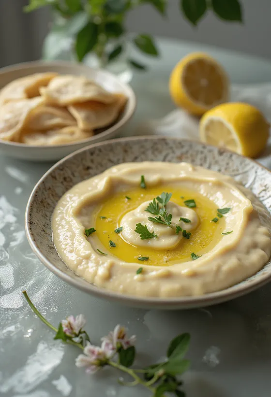 Salsa tahina e limone servita con pita e verdure grigliate