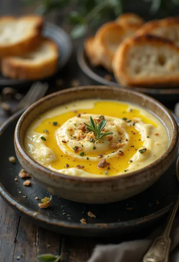 Crema di melanzane dalla consistenza morbida e cremosa, servita con erbe fresche e olio d'oliva