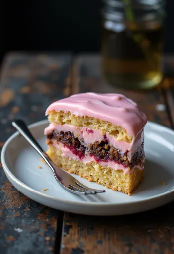 Trancio al punch colorato con glassa rosa e strati di pan di Spagna soffice.